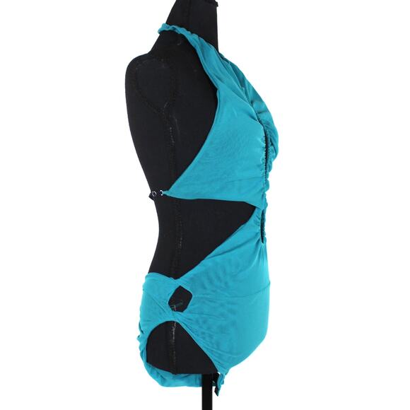Supriya Lele Turquoise Mesh Halter Cut Out Bodysuit Medium NEW Blue Backless Top - Picture 3 of 8